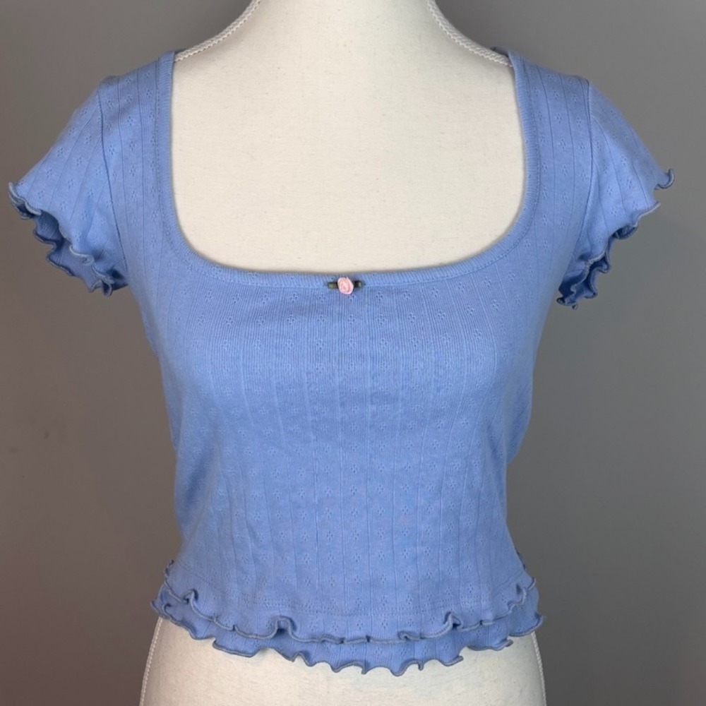 RSQ‎ Womens Blue Ruffle Crop 100% Cotton Tee size LG y2K 90's Fairy Coquette